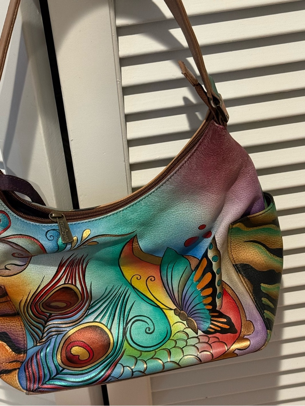 Anuschka Multicolor Peacock Feather & Butterfly Shoulder Bag